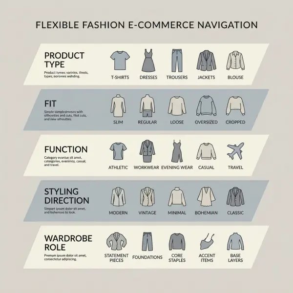 Fashion e-commerce navigation organized by fit, function, product type, and styling need