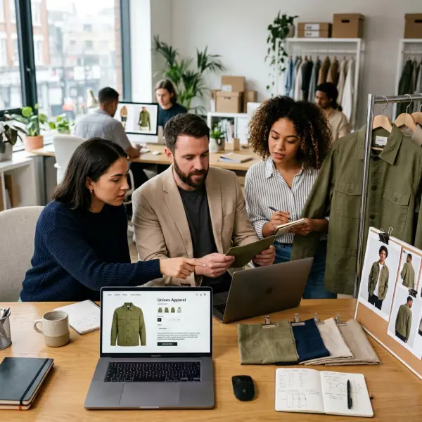 E-commerce team reviewing a unisex fashion product page with fit and sizing details E-commerce team reviewing a unisex fashion product page with fit and sizing details