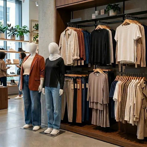 Inclusive fashion retail display with size-inclusive, adaptive, modest, and versatile apparel Inclusive fashion retail display with size-inclusive, adaptive, modest, and versatile apparel