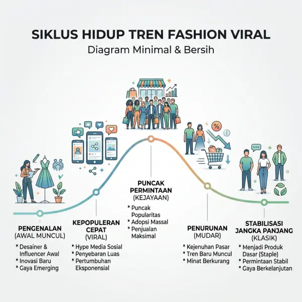 Ilustrasi sederhana mengenai siklus naik dan turunnya popularitas tren fashion