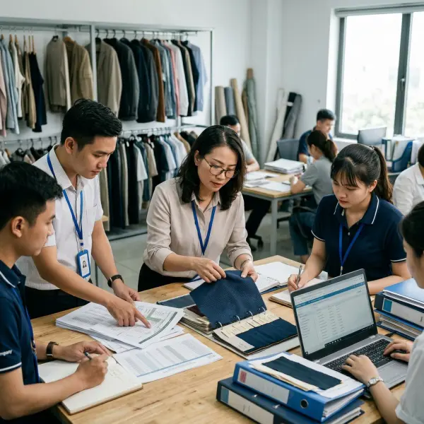Tim quality control mengevaluasi risiko pembelian kain stocklot