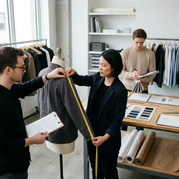Fashion product development team checking fit for unisex apparel samples Fashion product development team checking fit for unisex apparel samples