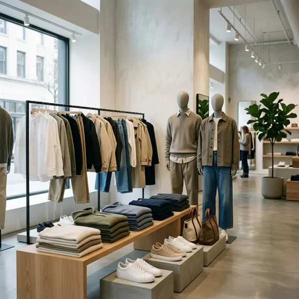 Unisex and gender-neutral fashion retail display with versatile apparel pieces Unisex and gender-neutral fashion retail display with versatile apparel pieces