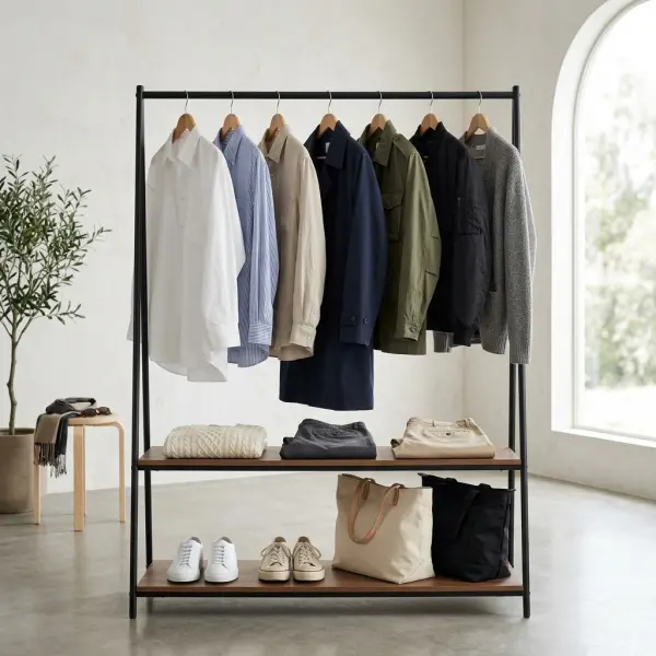 Versatile fashion wardrobe with shirts, trousers, outerwear, and accessories for multiple styling needs