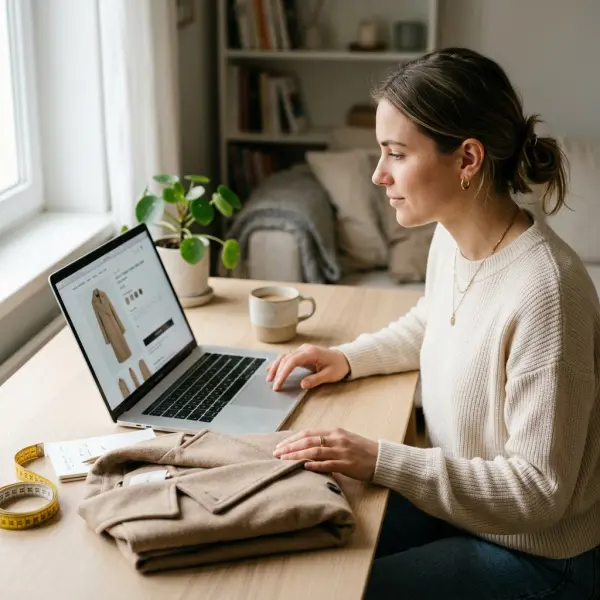 online apparel merchandising with size guide and garment details supporting customer confidence