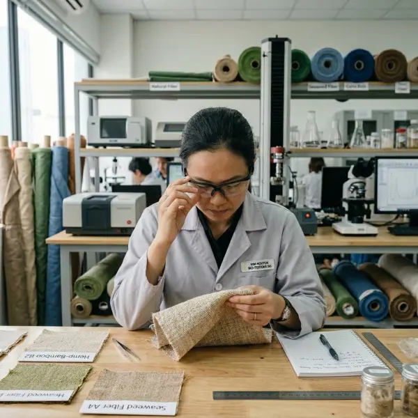 Pemeriksaan kualitas kain bio-based di laboratorium tekstil Pemeriksaan kualitas kain bio-based di laboratorium tekstil