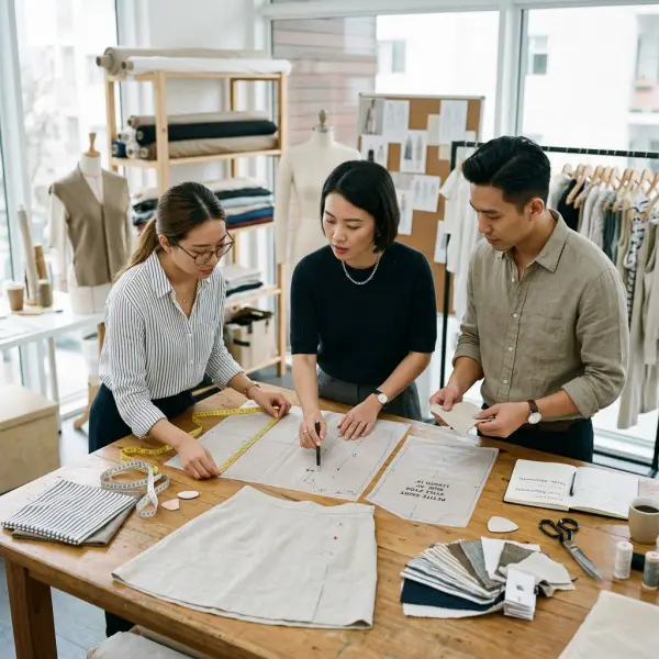 Tim fashion sedang mengevaluasi desain rok khusus untuk koleksi wanita petite