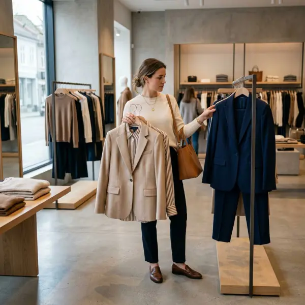 shopper considering fashion products in a well-merchandised retail store
