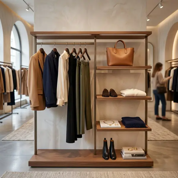 fashion retail assortment display with coordinated outfits and accessories