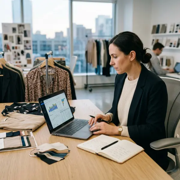 fashion merchandiser reviewing retail sales and inventory performance dashboard