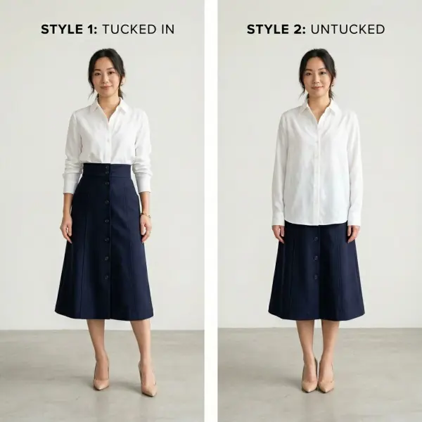 Perbandingan atasan yang menutupi dan memperlihatkan garis pinggang pada rok high waist