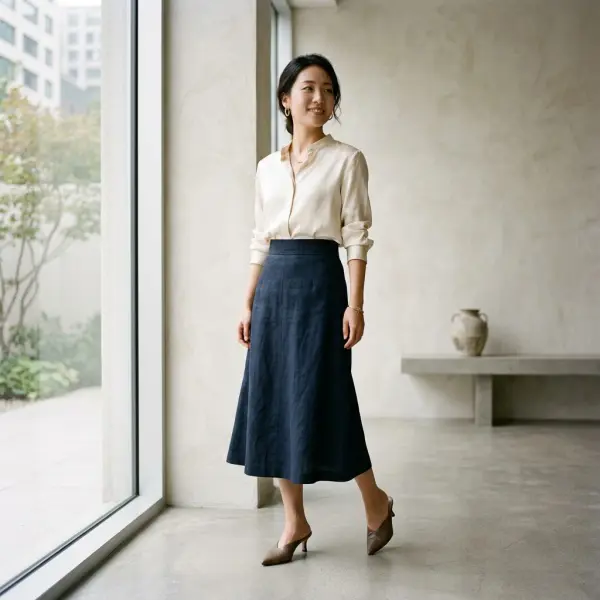 Rok high waist membantu memperpanjang proporsi kaki wanita petite