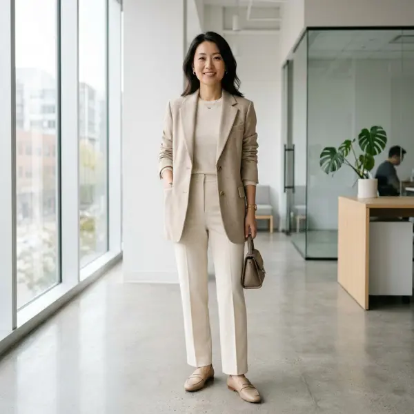 Layering outfit monokrom menggunakan blazer terbuka untuk wanita petite Layering outfit monokrom menggunakan blazer terbuka untuk wanita petite