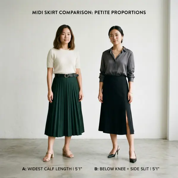 Perbandingan rok midi yang proporsional dan yang memotong garis kaki wanita petite