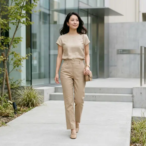 Wanita petite mengenakan outfit monokrom bernuansa krem dengan proporsi tubuh yang seimbang Wanita petite mengenakan outfit monokrom bernuansa krem dengan proporsi tubuh yang seimbang