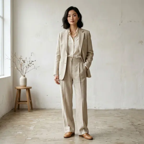 Perpaduan berbagai tekstur kain dalam outfit monokrom wanita petite Perpaduan berbagai tekstur kain dalam outfit monokrom wanita petite