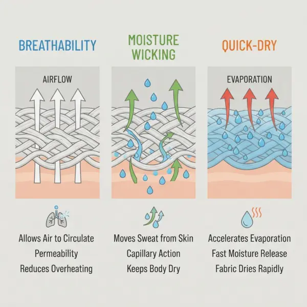 Comparison diagram explaining breathability and quick-dry fabric performance