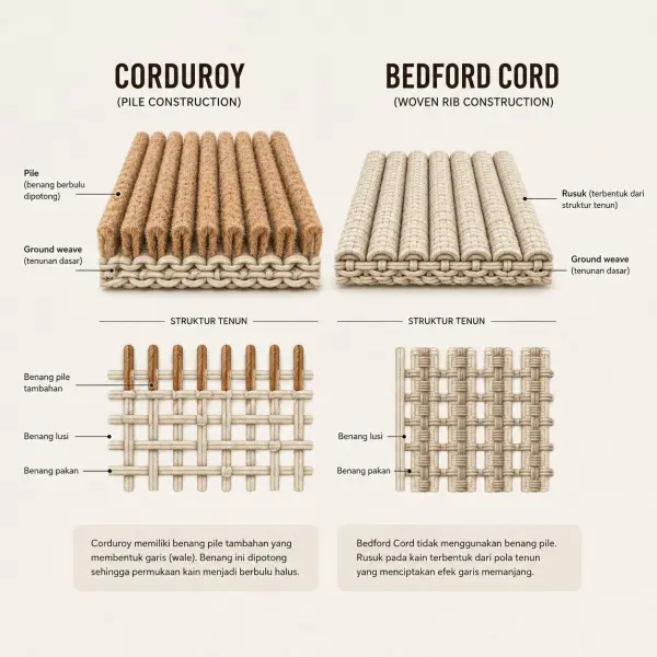 Diagram sederhana yang menunjukkan perbedaan konstruksi corduroy dan Bedford cord