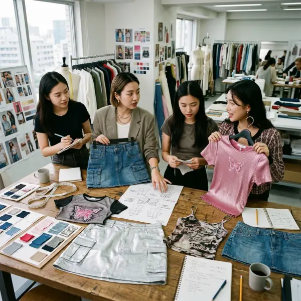 Tim fashion mengevaluasi desain koleksi Y2K sebelum produksi massal Tim fashion mengevaluasi desain koleksi Y2K sebelum produksi massal