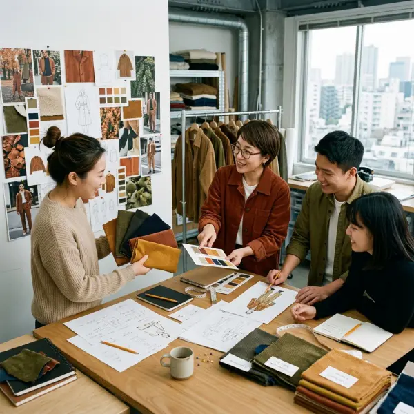 Tim fashion brand menyusun koleksi berbahan corduroy menggunakan sampel kain dan mood board