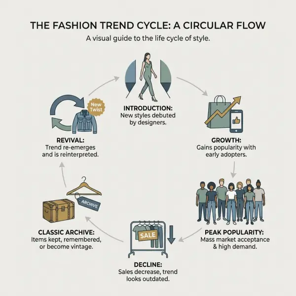 Ilustrasi siklus tren fashion dari kemunculan hingga kembali populer