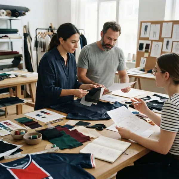 Fashion team selecting fabrics for football-inspired apparel collection Fashion team selecting fabrics for football-inspired apparel collection