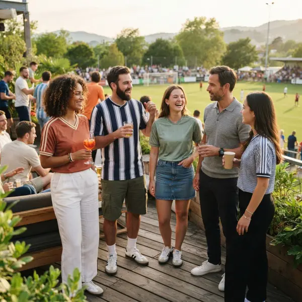 Football fanwear made with breathable fabric worn in a warm outdoor viewing setting