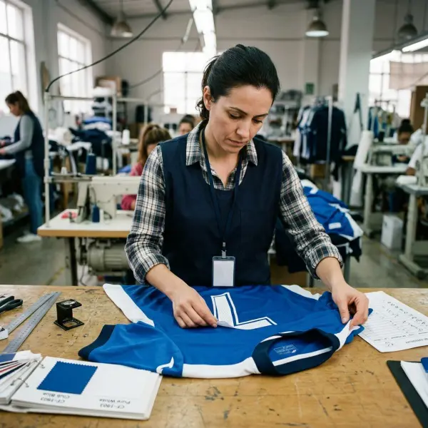 Football jersey quality control checking fabric, print, collar, and seams before production Football jersey quality control checking fabric, print, collar, and seams before production
