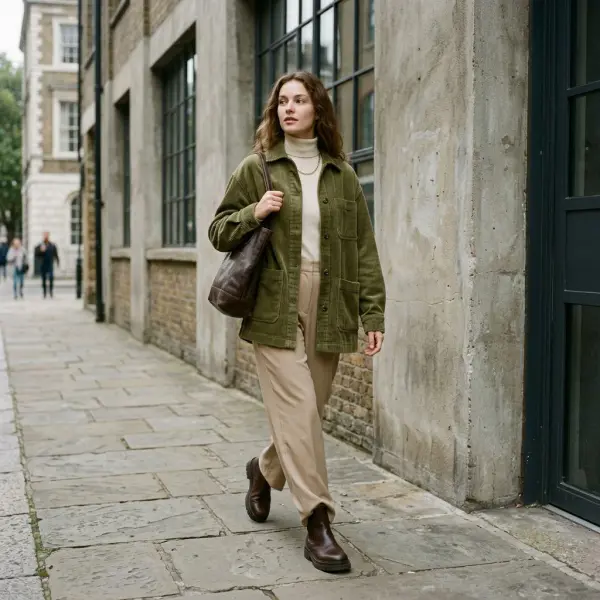 Model mengenakan pakaian corduroy bergaya vintage yang dipadukan dengan siluet modern