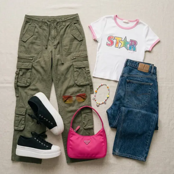 Koleksi item fashion khas Y2K seperti cargo pants, baby tee, denim dan tas mini Koleksi item fashion khas Y2K seperti cargo pants, baby tee, denim dan tas mini