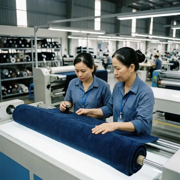 Tim quality control memeriksa gulungan kain corduroy sebelum proses produksi