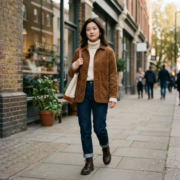 Model mengenakan jaket corduroy berwarna cokelat dalam gaya kasual modern Model mengenakan jaket corduroy berwarna cokelat dalam gaya kasual modern