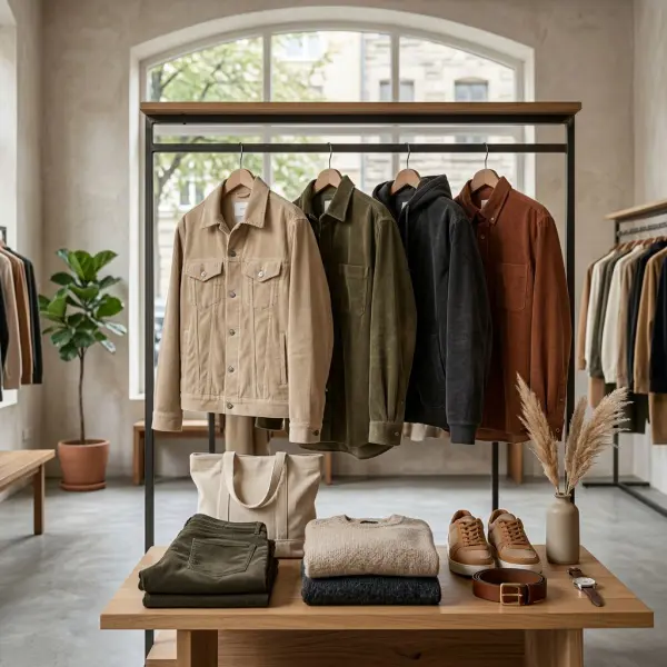 Koleksi pakaian berbahan corduroy dengan gaya kasual modern dipajang di butik fashion