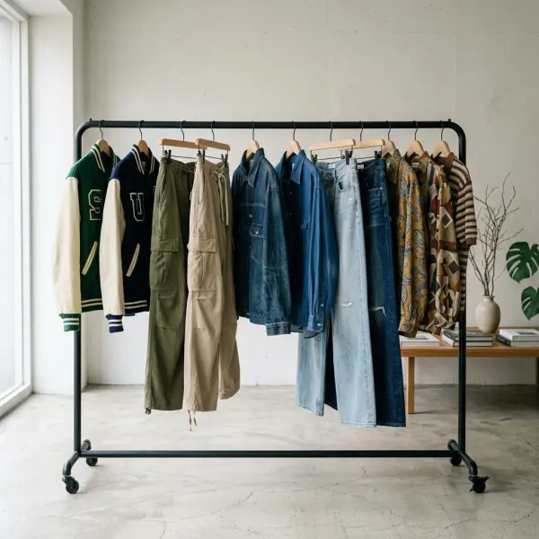 Berbagai item fashion jadul yang kembali populer seperti varsity jacket, cargo pants dan wide leg jeans