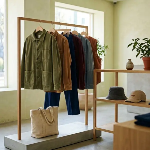 Berbagai produk fashion berbahan corduroy seperti jaket, tas, topi, dan celana