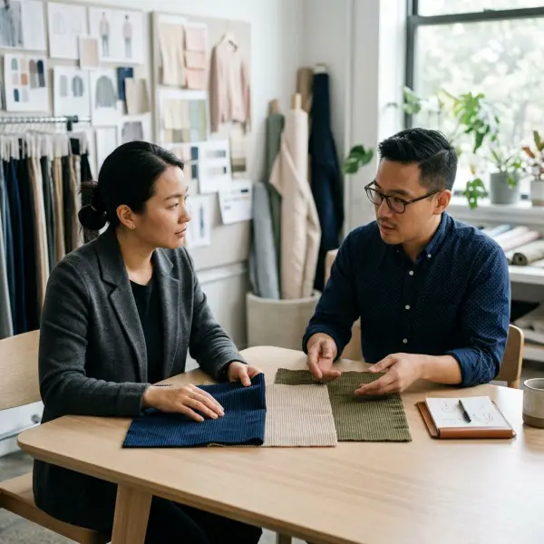 Desainer dan tim sourcing membandingkan sampel corduroy, pinwale, dan Bedford cord sebelum produksi