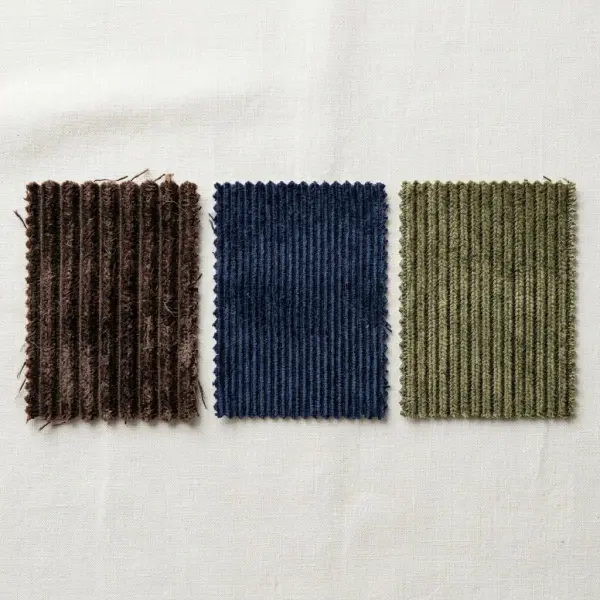 Close-up perbandingan tekstur corduroy, pinwale, dan Bedford cord