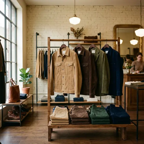 Jaket dan celana berbahan corduroy dipajang dalam suasana butik bergaya klasik modern Jaket dan celana berbahan corduroy dipajang dalam suasana butik bergaya klasik modern