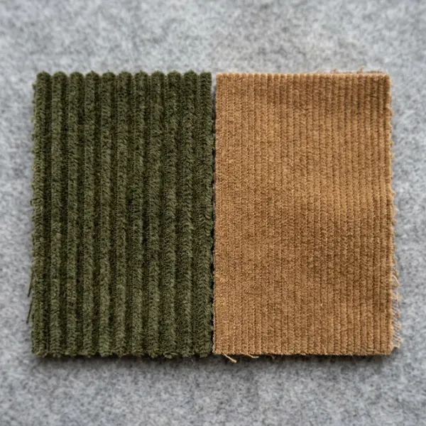 Perbandingan close-up tekstur corduroy bergaris lebar dan pinwale bergaris halus