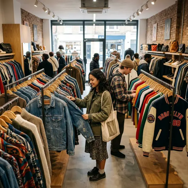 Konsumen memilih pakaian bergaya vintage di toko thrift modern