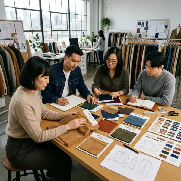 Tim pengembangan produk fashion sedang mengevaluasi sampel kain corduroy Tim pengembangan produk fashion sedang mengevaluasi sampel kain corduroy