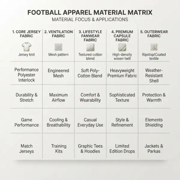 Simple material matrix for football apparel fabric selection during World Cup season Simple material matrix for football apparel fabric selection during World Cup season