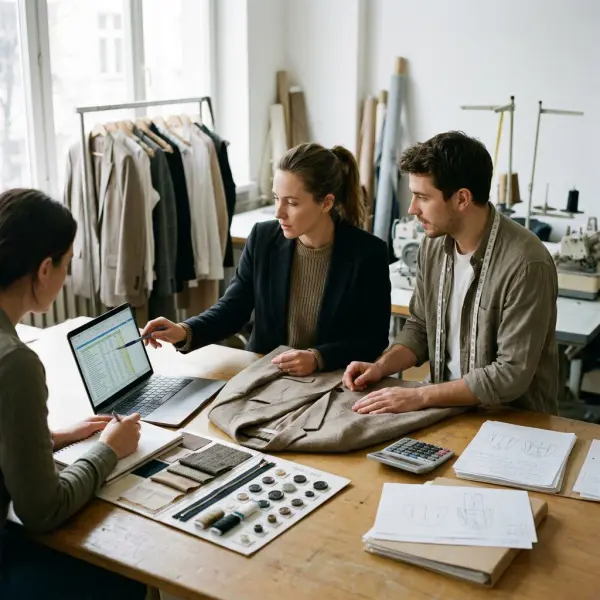 Fashion production team reviewing fabric, labor, and overhead cost drivers for apparel costing Fashion production team reviewing fabric, labor, and overhead cost drivers for apparel costing