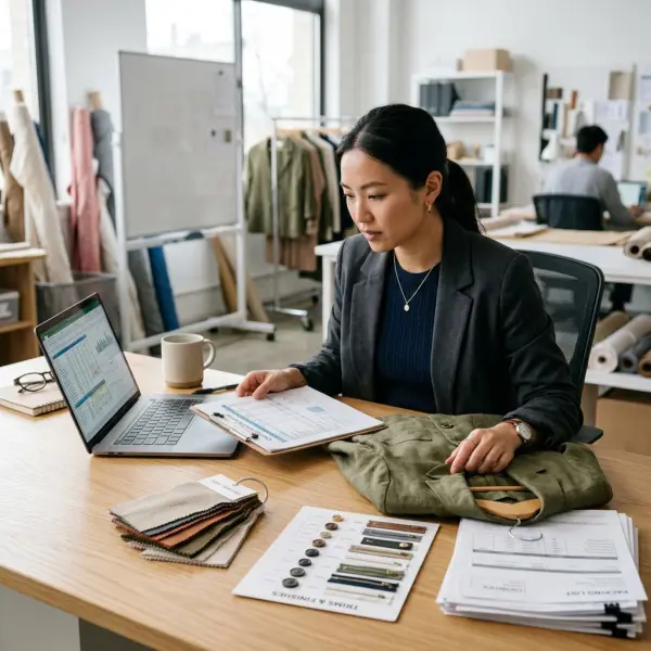 Fashion sourcing manager checking garment cost assumptions before production approval
