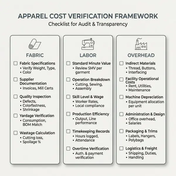 Apparel cost verification checklist for fabric labor and overhead before production approval Apparel cost verification checklist for fabric labor and overhead before production approval