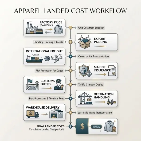 Workflow diagram showing landed cost from factory price to final apparel cost Workflow diagram showing landed cost from factory price to final apparel cost