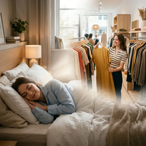 Seseorang sedang tidur dan bermimpi membeli baju baru sebagai simbol perubahan, identitas, dan awal kehidupan baru