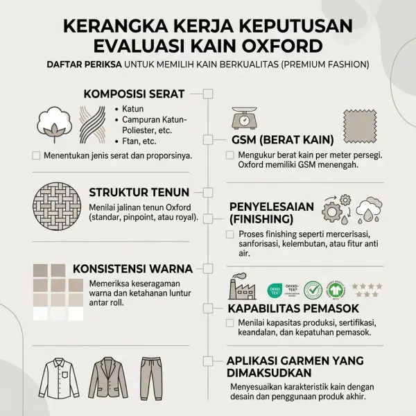Checklist evaluasi bahan Oxford sebelum digunakan untuk produksi fashion Checklist evaluasi bahan Oxford sebelum digunakan untuk produksi fashion