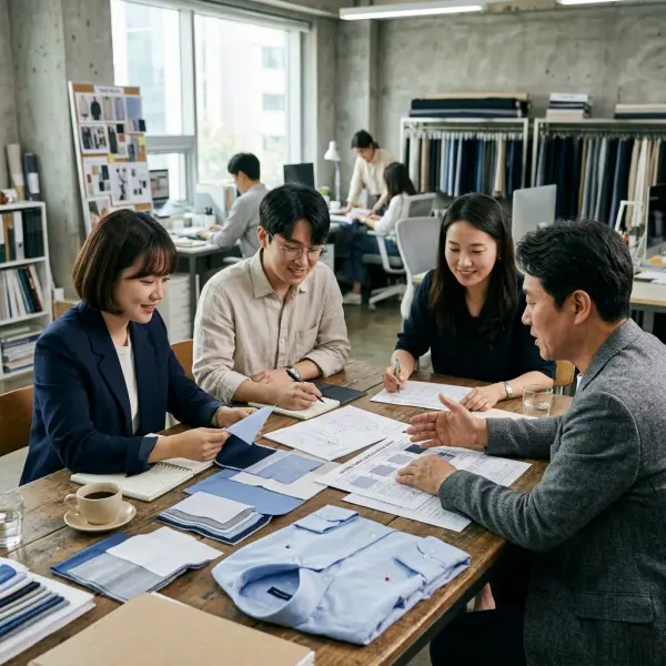 Tim fashion brand berdiskusi dengan supplier mengenai spesifikasi bahan Oxford Tim fashion brand berdiskusi dengan supplier mengenai spesifikasi bahan Oxford