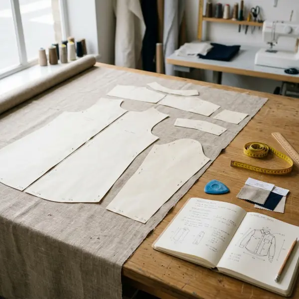 Close-up of fabric consumption planning with pattern pieces and woven fabric for apparel costing Close-up of fabric consumption planning with pattern pieces and woven fabric for apparel costing